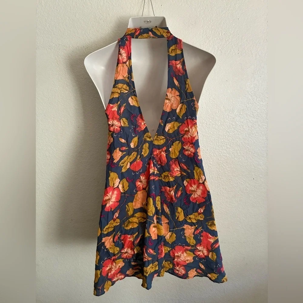 Free People Intimately Beaux MockNeck Blue Wildflower Orange Slip Mini Dress S
